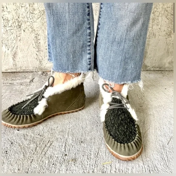 Sorel Out N About Moc Olive Green Suede & Fabric Shearling Lined Moccasin Sz 7 - Picture 4 of 13